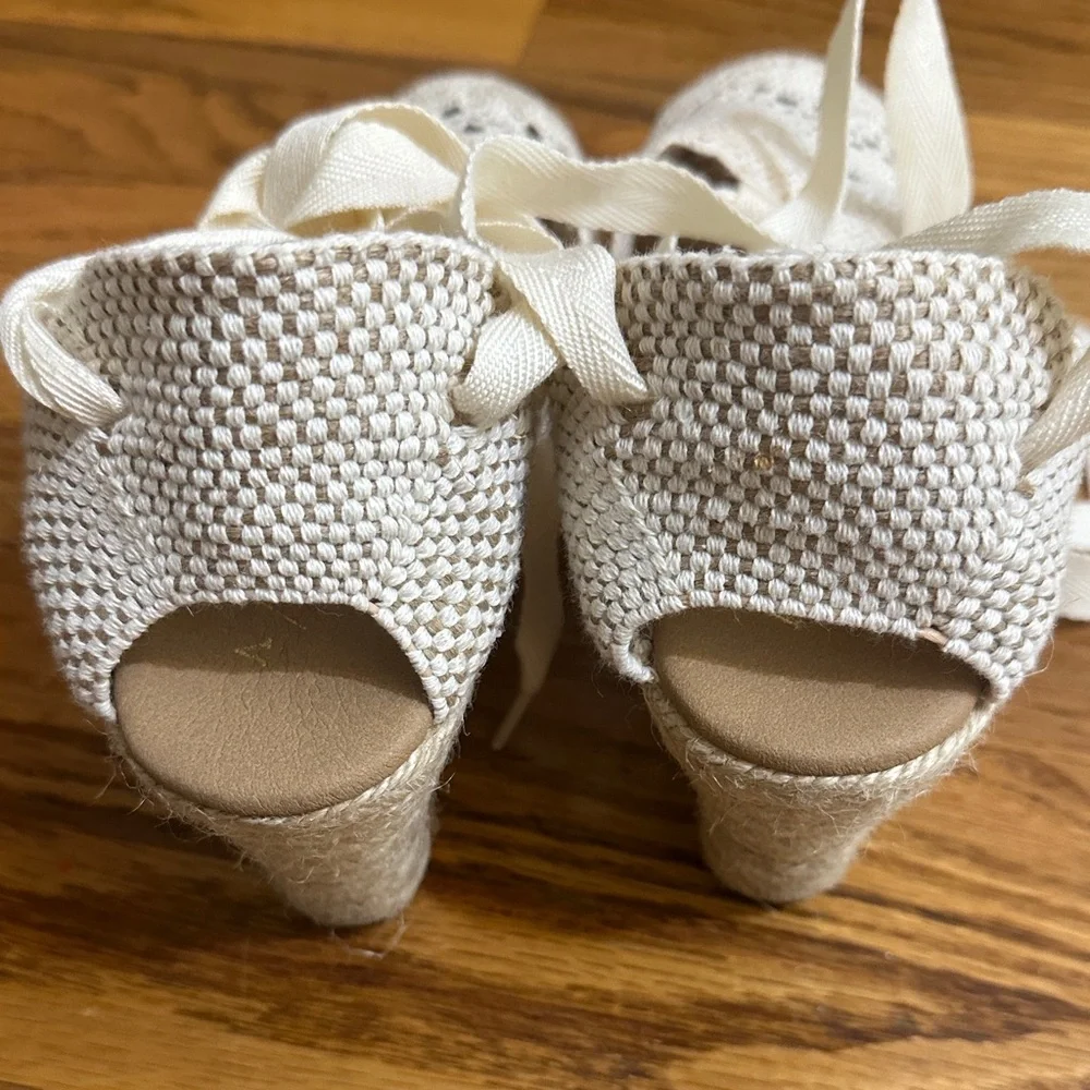 Anthropologie Emmylou Cream Crochet Lace-Up Wedge Espadrilles